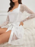 Lace Robe And Satin Slip Dress Sleepwear Set Pajama Set - Image 12
