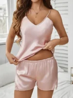 Satin Lace-Trim Cami Shorts Pajamas Set - Image 6