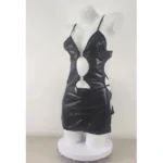 Cut Out PU Leather Backless Mini Bodycon Dress With Thong Sexy Lingerie Set - Image 6