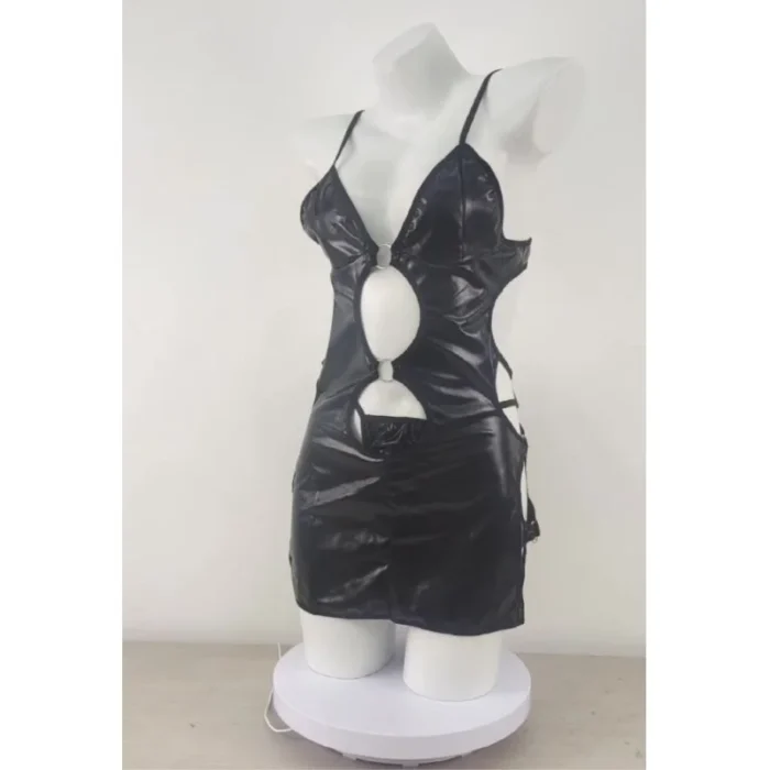 Cut Out PU Leather Backless Mini Bodycon Dress With Thong Sexy Lingerie Set - Image 6