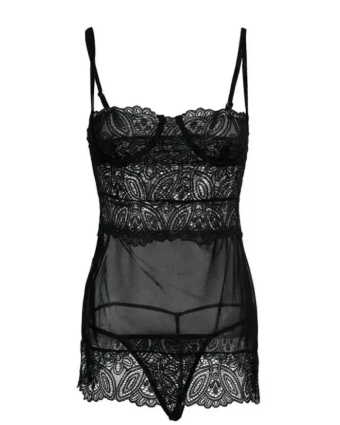 Crochet Lace Sheer Mesh Babydoll with Spaghetti Straps and Panty - Black - Image 6