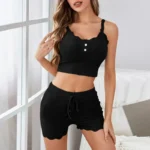 Lace Trim Ribbed Cami Top & Shorts Pajama Set - Image 6