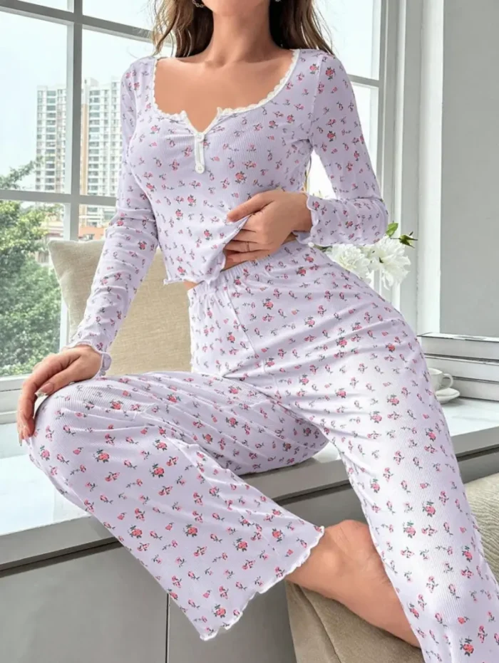 Two-Piece Floral Print Long Sleeve & Pants Pajama Set - Image 6