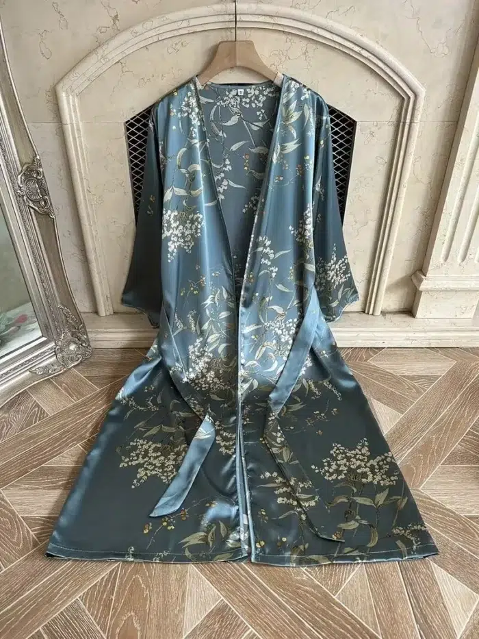 Floral Print Satin Robe with V-Neck and Belt - Image 7