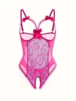 Sexy Floral Lace Trim Open Bust Crotchless Teddy Lingerie - Image 12