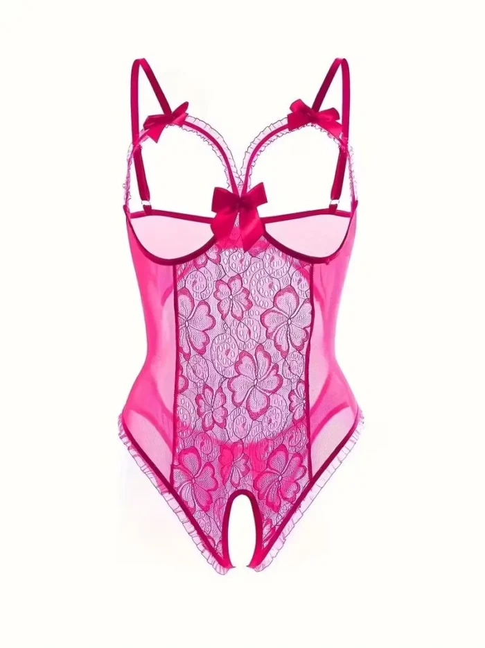 Sexy Floral Lace Trim Open Bust Crotchless Teddy Lingerie - Image 12