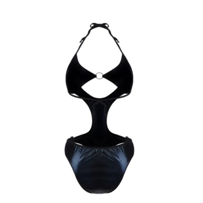 Hollow-out Halter Backless Bodysuit Black PU Leather Teddy Lingeries - Image 7