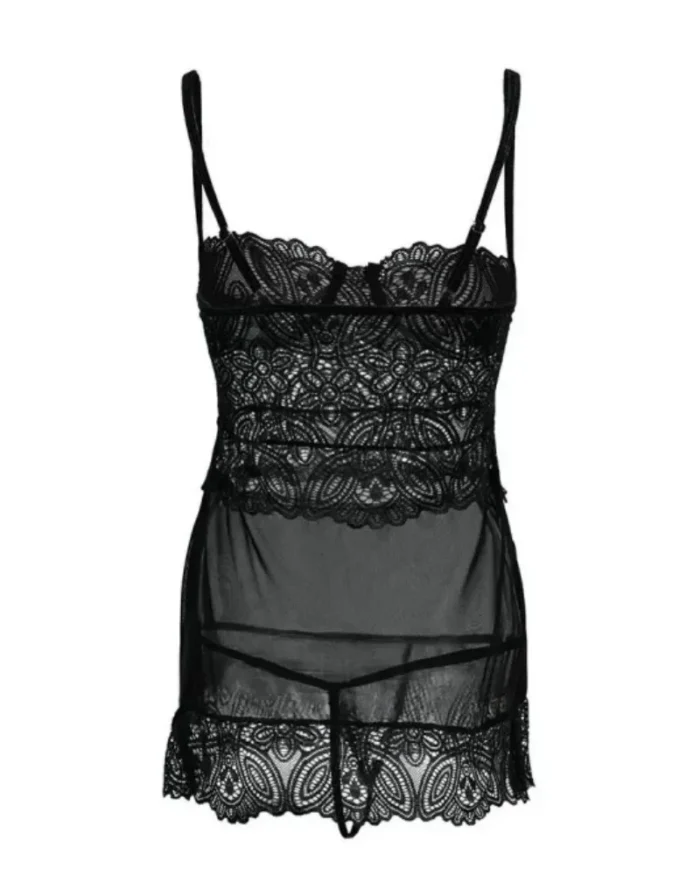 Crochet Lace Sheer Mesh Babydoll with Spaghetti Straps and Panty - Black - Image 7