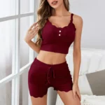 Lace Trim Ribbed Cami Top & Shorts Pajama Set - Image 7