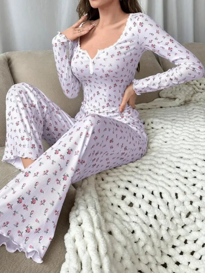 Two-Piece Floral Print Long Sleeve & Pants Pajama Set - Image 7