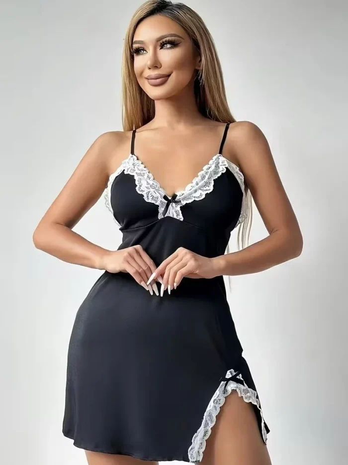 Lace Trim Hip-Hugging Side Slit Chemise Nightgown - Image 1