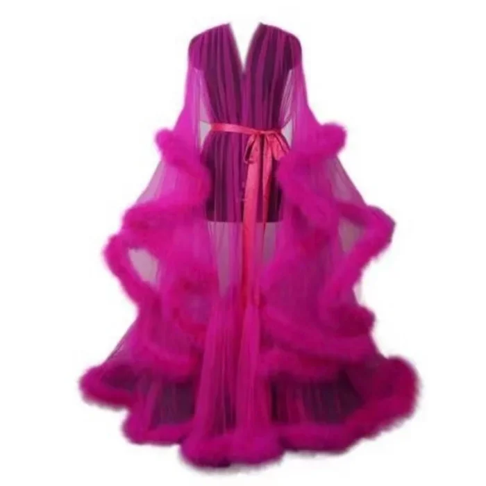 Glamorous Sheer Feather Trim Long Robe - Image 14