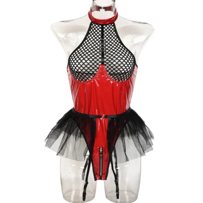 Latex Teddy Babydolls Leather Fishnet See-Through Teddy Lingerie Zip Crotch Bodysuits - Image 25