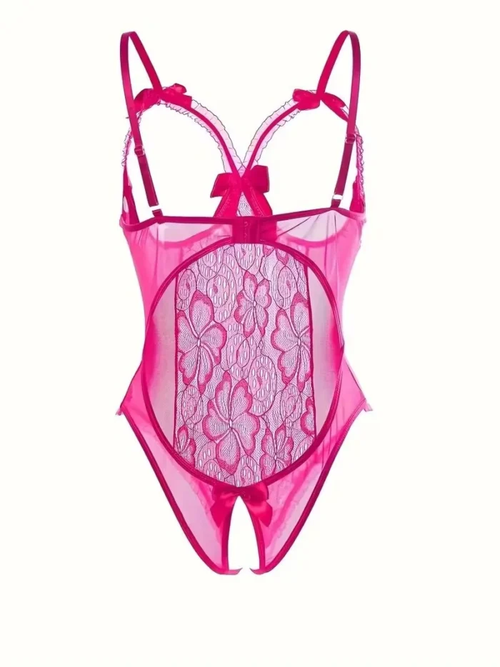 Sexy Floral Lace Trim Open Bust Crotchless Teddy Lingerie - Image 13