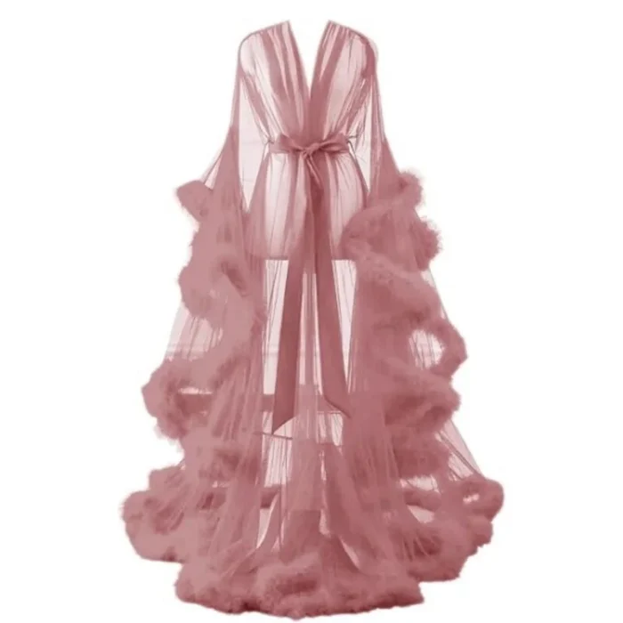 Glamorous Sheer Feather Trim Long Robe - Image 15