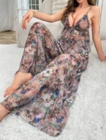 Floral Printed Tie Front Mesh Pajama Set With Spaghetti Strap Tank Top And Pants - Image 8