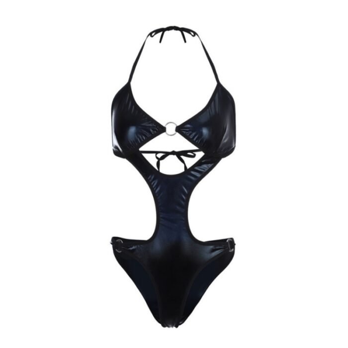 Hollow-out Halter Backless Bodysuit Black PU Leather Teddy Lingeries - Image 6