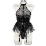 Latex Teddy Babydolls Leather Fishnet See-Through Teddy Lingerie Zip Crotch Bodysuits - Image 9