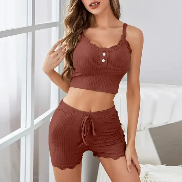 Lace Trim Ribbed Cami Top & Shorts Pajama Set - Image 9