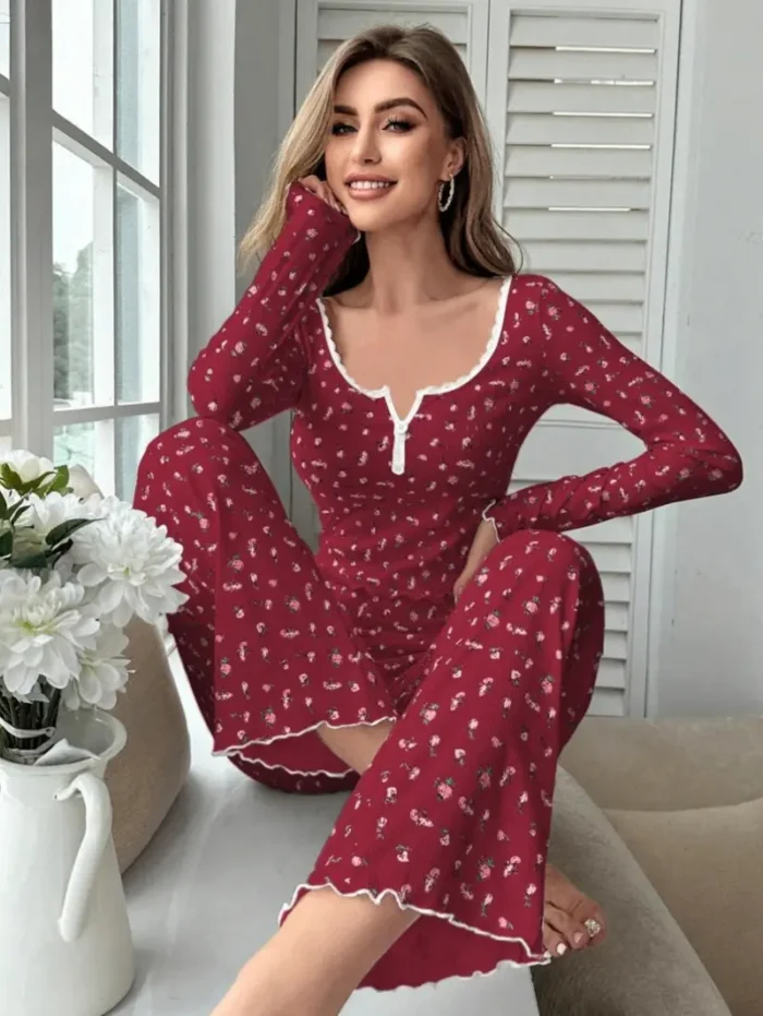 Two-Piece Floral Print Long Sleeve & Pants Pajama Set - Image 9