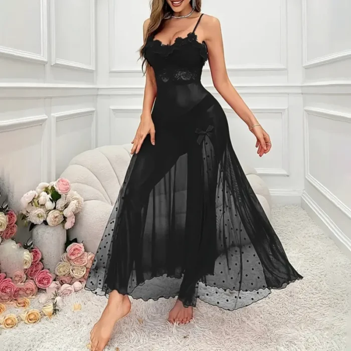 Sexy Sheer Mesh Lace Polka Dot Long Nightdress Babydoll Lingerie For Bridal Honeymoon Wedding - Image 9