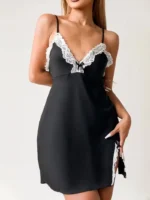 Lace Trim Hip-Hugging Side Slit Chemise Nightgown - Image 5