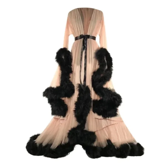 Glamorous Sheer Feather Trim Long Robe - Image 6