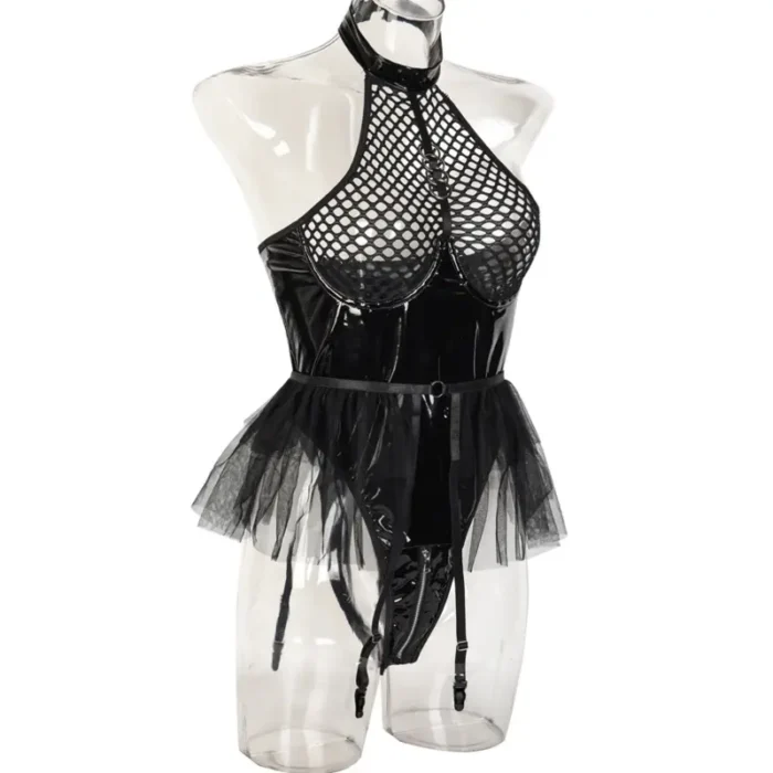 Latex Teddy Babydolls Leather Fishnet See-Through Teddy Lingerie Zip Crotch Bodysuits - Image 10