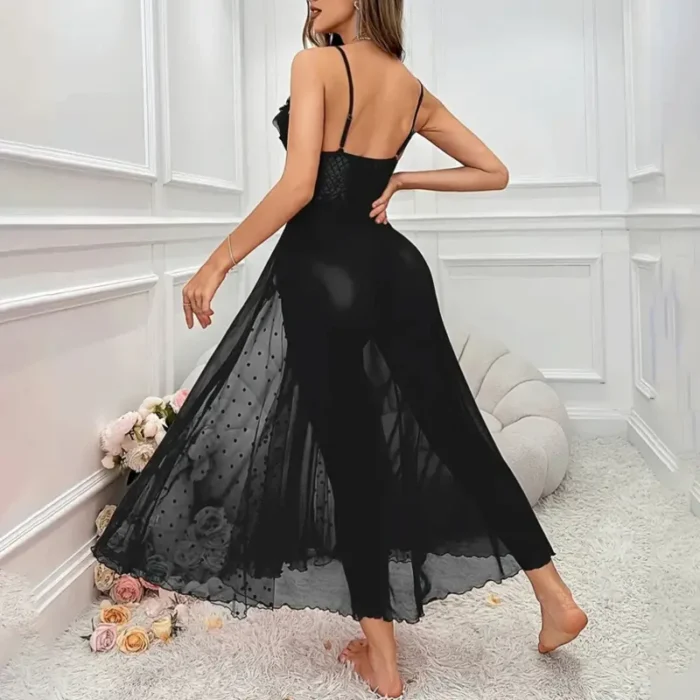 Sexy Sheer Mesh Lace Polka Dot Long Nightdress Babydoll Lingerie For Bridal Honeymoon Wedding - Image 10