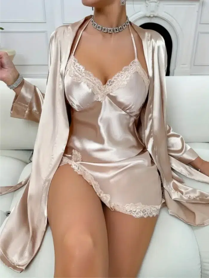 Satin Lace Trim Nightdress Set with Robe - Image 22