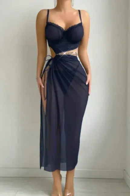 Sexy Sheer Mesh One-Piece Nightdress with Cutout & Chain Detail