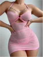 Sexy Sheer Mesh Ruched Bodycon Mini Dress with Chain Detail & Thong Lingerie Set 2 Piece Clubwear Outfit - Image 20