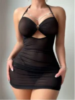 Sexy Sheer Mesh Ruched Bodycon Mini Dress with Chain Detail & Thong Lingerie Set 2 Piece Clubwear Outfit - Image 7