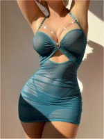 Sexy Sheer Mesh Ruched Bodycon Mini Dress with Chain Detail & Thong Lingerie Set 2 Piece Clubwear Outfit