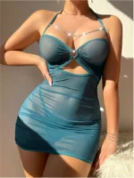Sexy Sheer Mesh Ruched Bodycon Mini Dress with Chain Detail & Thong Lingerie Set 2 Piece Clubwear Outfit - Image 6