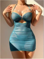 Sexy Sheer Mesh Ruched Bodycon Mini Dress with Chain Detail & Thong Lingerie Set 2 Piece Clubwear Outfit - Image 3