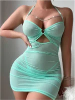 Sexy Sheer Mesh Ruched Bodycon Mini Dress with Chain Detail & Thong Lingerie Set 2 Piece Clubwear Outfit - Image 31