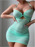 Sexy Sheer Mesh Ruched Bodycon Mini Dress with Chain Detail & Thong Lingerie Set 2 Piece Clubwear Outfit - Image 33