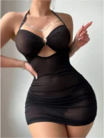 Sexy Sheer Mesh Ruched Bodycon Mini Dress with Chain Detail & Thong Lingerie Set 2 Piece Clubwear Outfit - Image 10