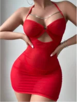 Sexy Sheer Mesh Ruched Bodycon Mini Dress with Chain Detail & Thong Lingerie Set 2 Piece Clubwear Outfit - Image 11