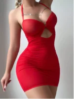 Sexy Sheer Mesh Ruched Bodycon Mini Dress with Chain Detail & Thong Lingerie Set 2 Piece Clubwear Outfit - Image 12