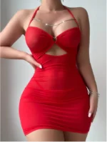 Sexy Sheer Mesh Ruched Bodycon Mini Dress with Chain Detail & Thong Lingerie Set 2 Piece Clubwear Outfit - Image 14