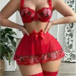 Red Floral Embroidery Bra & Sheer Skirt & Thong Three-Piece Lingerie Set