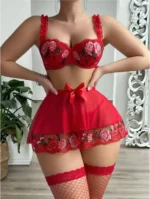 Red Floral Embroidery Bra & Sheer Skirt & Thong Three-Piece Lingerie Set
