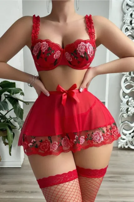 Red Floral Embroidery Bra & Sheer Skirt & Thong Three-Piece Lingerie Set