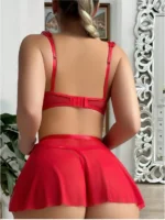 Red Floral Embroidery Bra & Sheer Skirt & Thong Three-Piece Lingerie Set - Image 4