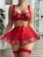 Red Floral Embroidery Bra & Sheer Skirt & Thong Three-Piece Lingerie Set - Image 5