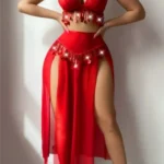 Midnight Glam Valentine’s Rhinestone Lingerie 3-Piece Set – Sexy Top, G-String Panty & High Slit Maxi Skirt Outfit