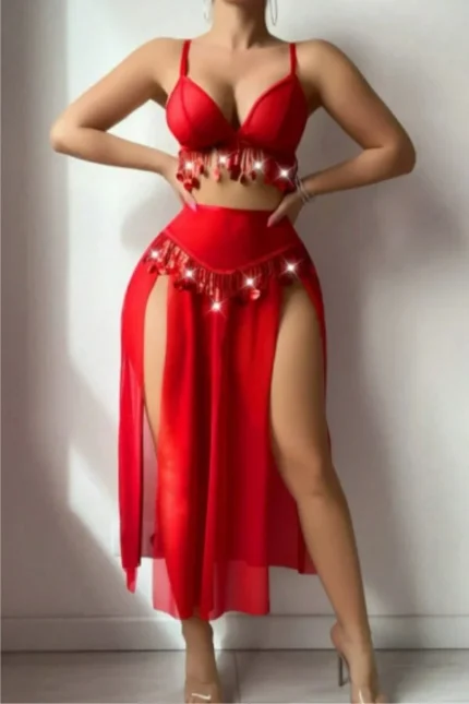 Midnight Glam Valentine’s Rhinestone Lingerie 3-Piece Set – Sexy Top, G-String Panty & High Slit Maxi Skirt Outfit