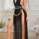 4PCS Sexy Black Halter Bodysuit Set – Sheer Mesh Skirt, Gold Belt & Choker Lingerie Outfit